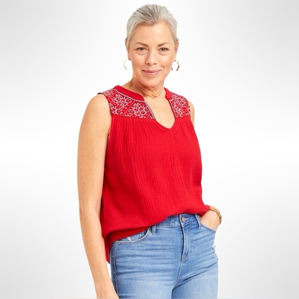 Knox Rose Women's Red embroidered Sleeveless Gauze Top Size Small Bohemian Tunic